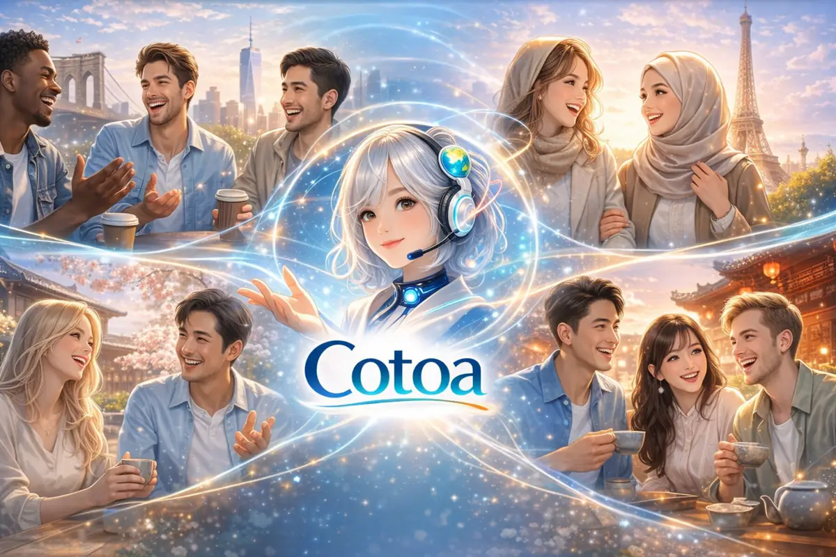 多国籍チームがCotoaを通じて同じ目的に向かうイメージ